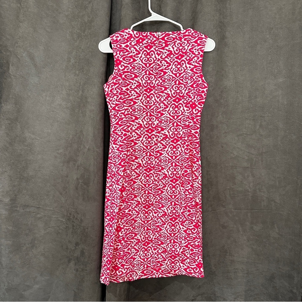 Chaps Keyhole Sheath Dress Cotton-Blend Preppy Pink/White Geometric 4 Resortwear - Picture 8 of 9